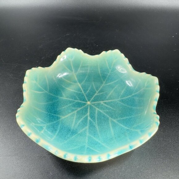 Vintage Japanese Ceramic Leaf Dish Plate Turquoise Crackle Glaze Spoon Rest VTG - Picture 10 of 12